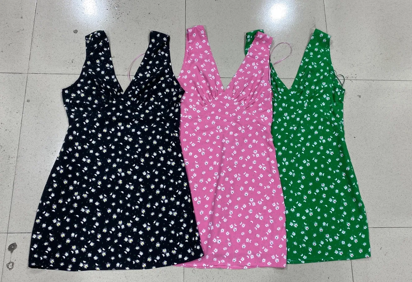 2023 Latest Korean Style Summer Fashion V Neck Short Sleeve Mini Dress Floral Print Chiffon Dress For Women Made in Vietnam