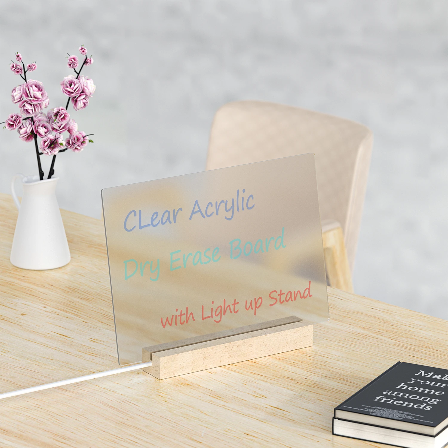 Led Light Dry Erase Acrylic Board Writing Board Acrylic Message Board With Wooden Base