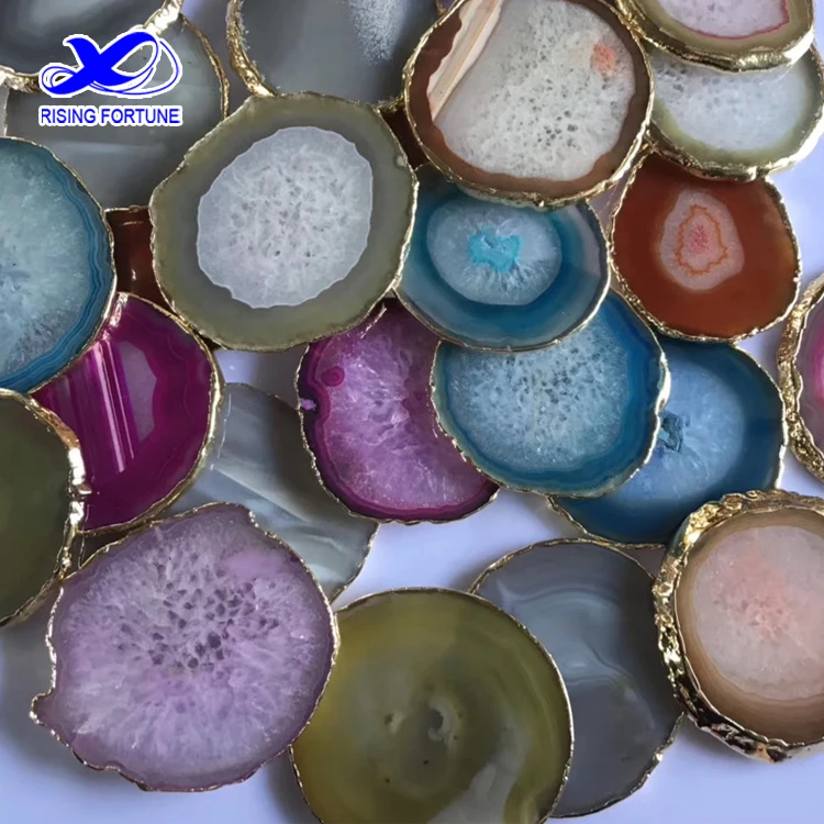 Best selling natural agate coasters  with gold rim natural agate slices with gold rim blue agate coaster