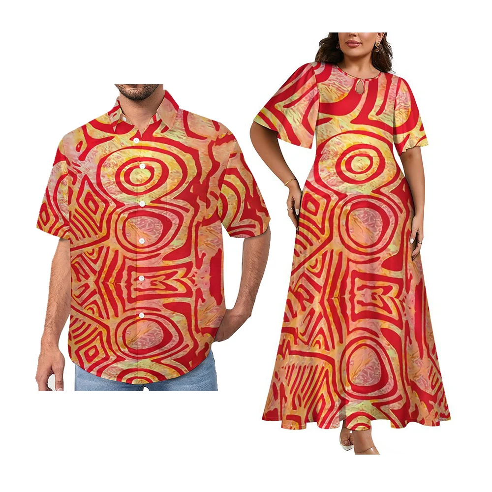 Factory Price Polynesian Elei Tribal Design Custom Couples Sets Womens Round Neck Short Sleeve Dress Men Shirt Couple Suit