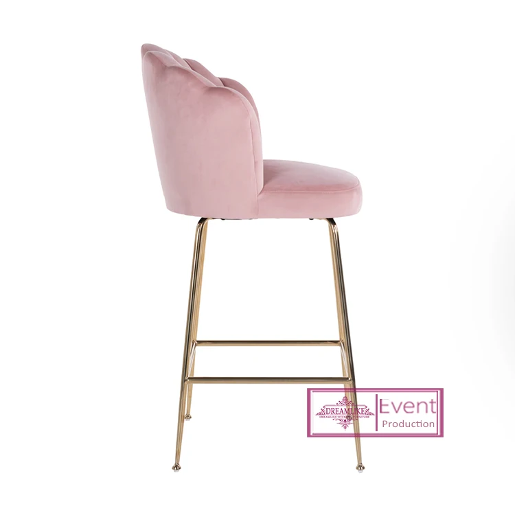 Modern Korean Style High Back Bar Stool Metal Frame Pink Velvet Dining Chair for Kitchen Restaurant for Outdoor Wedding
