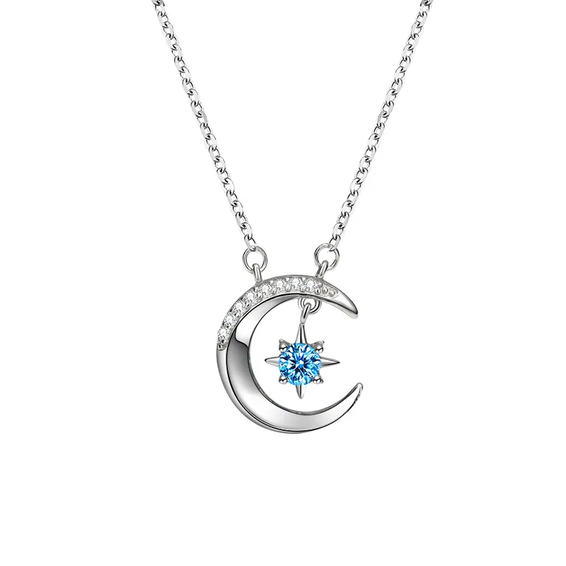 Unisex S925 Silver falcate moon Necklace Blue Colored Glaze swing star pendant necklace for Birthday Anniversary gifts men