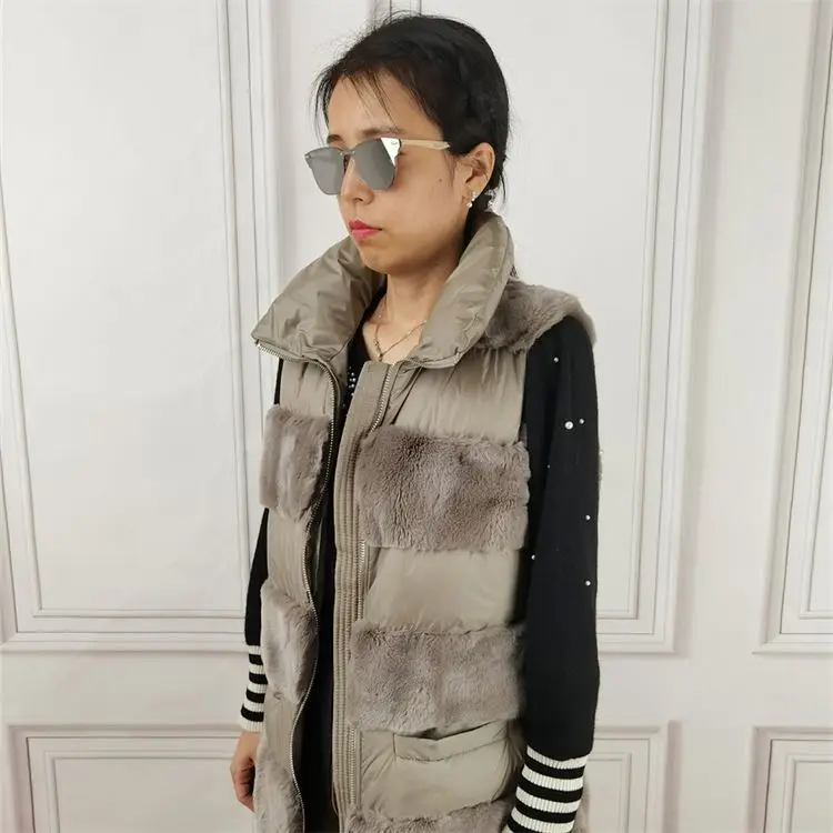 MONETCAT Real bunny fur coats for women winter sweater down and rex vests