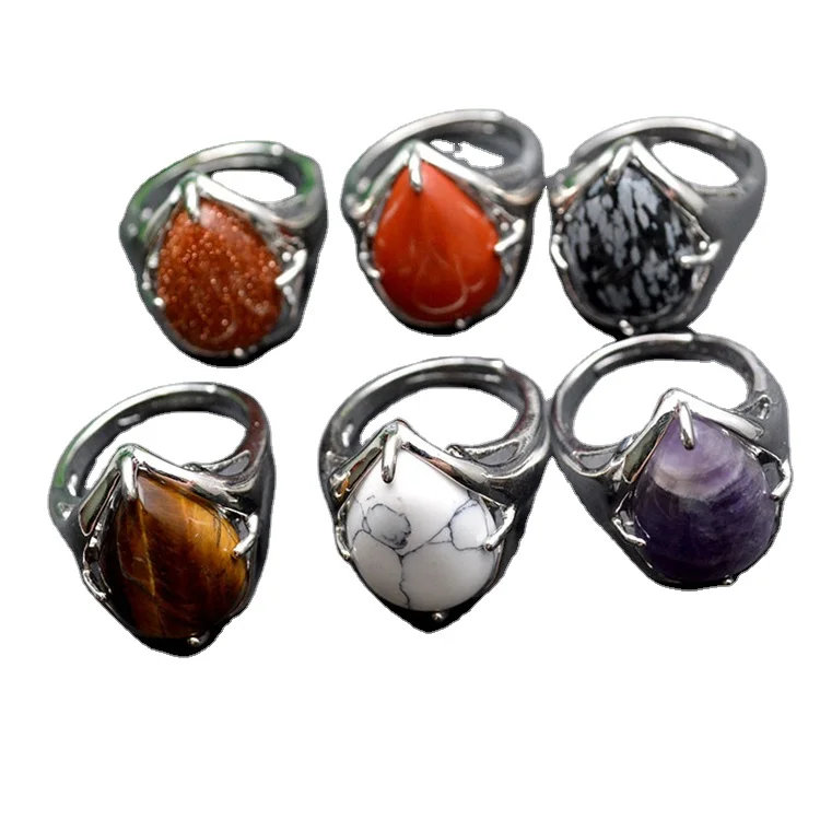 Natural Gemstone Silver Plated Multi Stone Water Drop Shape Gold Sandstone Snowflake Jasper Cabochons Adjustable Rings