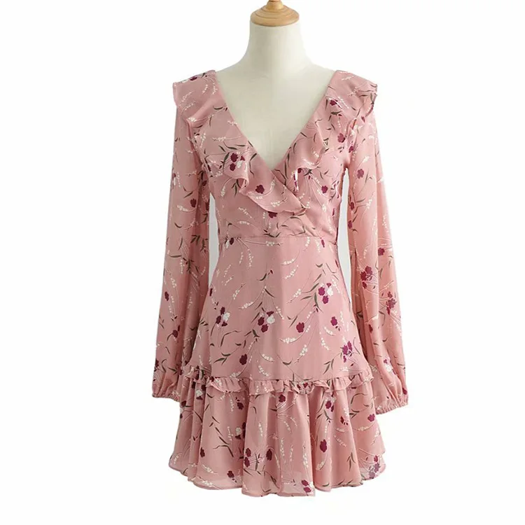 Women Frill Floral Printed Floral Chiffon Dresses Bohemian Style Women Dresses Casual Summer Ladies Dresses