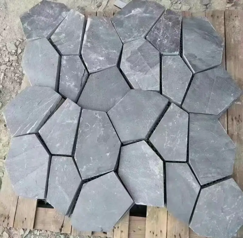 Outdoor Building External Wall Cladding Natural Black Stones Irregular Shaped Mosaic Meshed Crazy Slate Veneer Tile