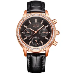 LIGE Luxury Brand Women Dress Watches Ladies Waterproof Leather Quartz Watch Woman Fashion Diamond watches