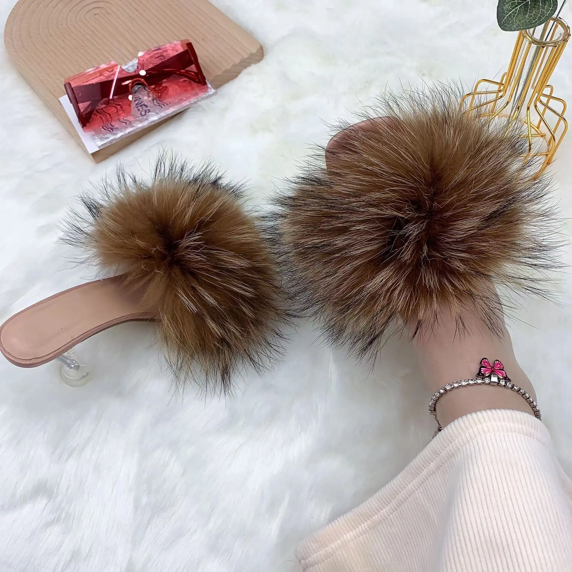2024 New slim heeled fashion sandals and slippersfashion fur slippershigh heel sandals