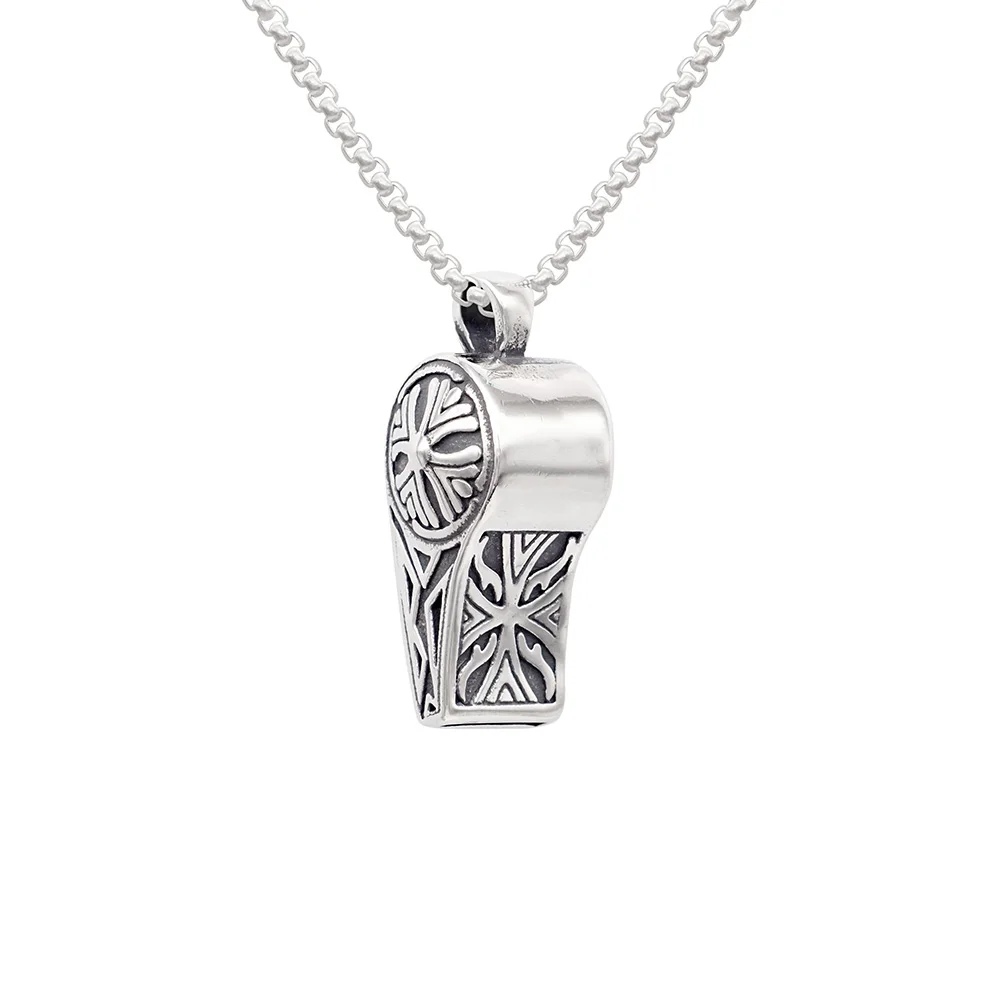 Supertextural Exquisitely Carved Masculinity Pendant With Box Chain Non Tarnish Silver Stainless Steel Whistle Men Necklace