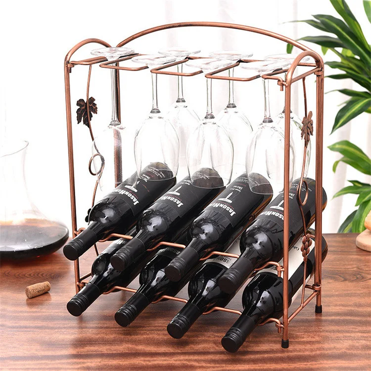 Amazon Best Sell Wine Rack Metal 8 Bottles Home Decoration Iron Wire Free Standing Wine Glasses Rack Wooden Wine Rack For Home