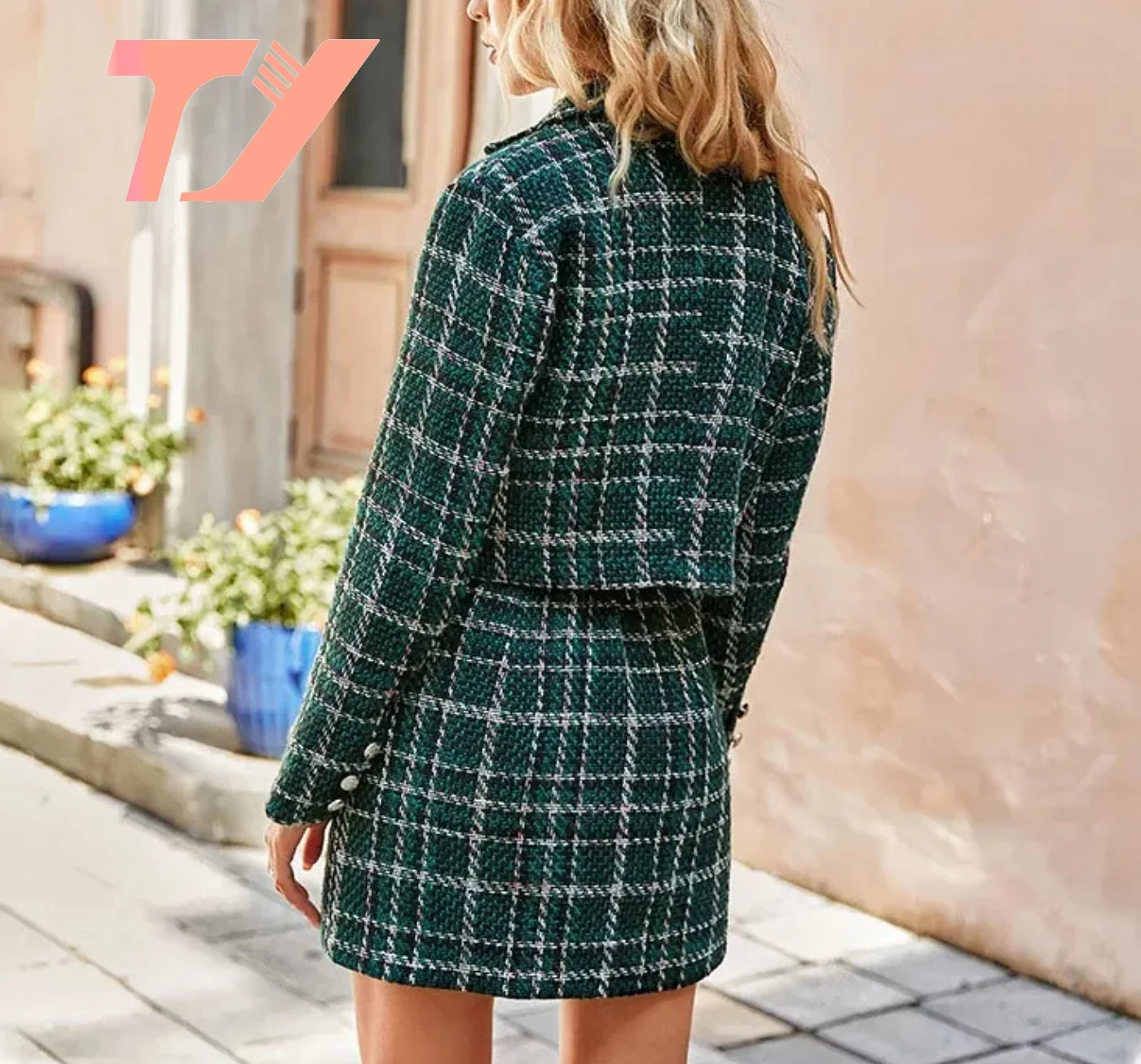 TUOYI Women Green Customized Plaid Cropped Blazer Mini Skirts Office Elegant Two Piece Tweed Suits
