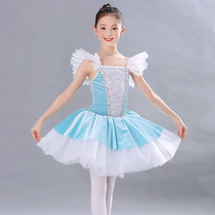 shiny sequin fabric Kids Dance Leotards Slim Ballet Dress Bubble Skirts Child Gymnastics Practice Bodysuit Ballerina Clothes