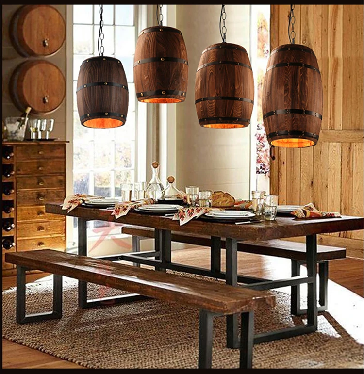 Wood Wine Barrel Hanging Fixture Pendant Lighting Suitable For Bar Cafe Lights Ceiling Restaurant Barrel Lamp Exhibition Display