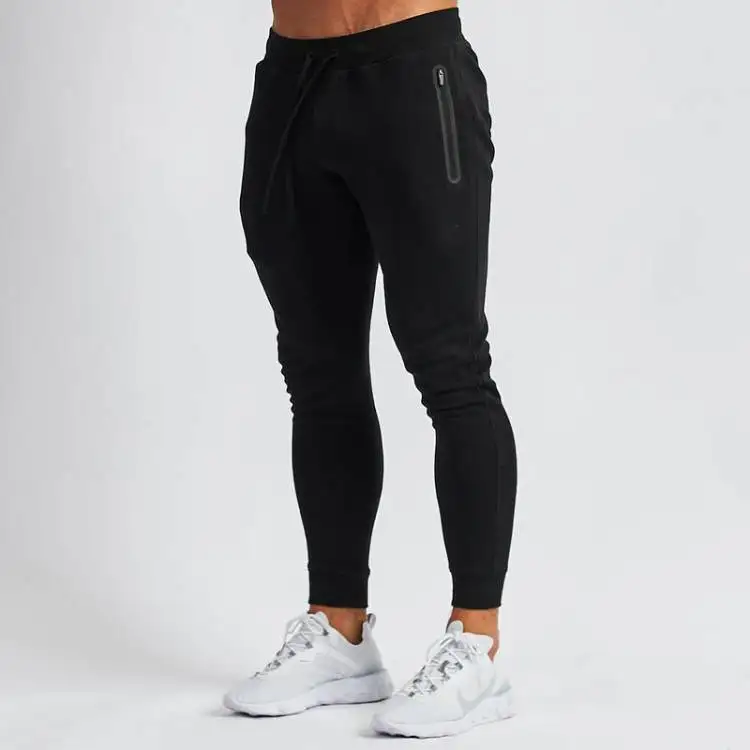 Custom Men Black Cotton Narrow Foot Fitness Jogging pants Drawstring Long Gym Jogger Pants With Side Zipper Pocket (1600524030629)