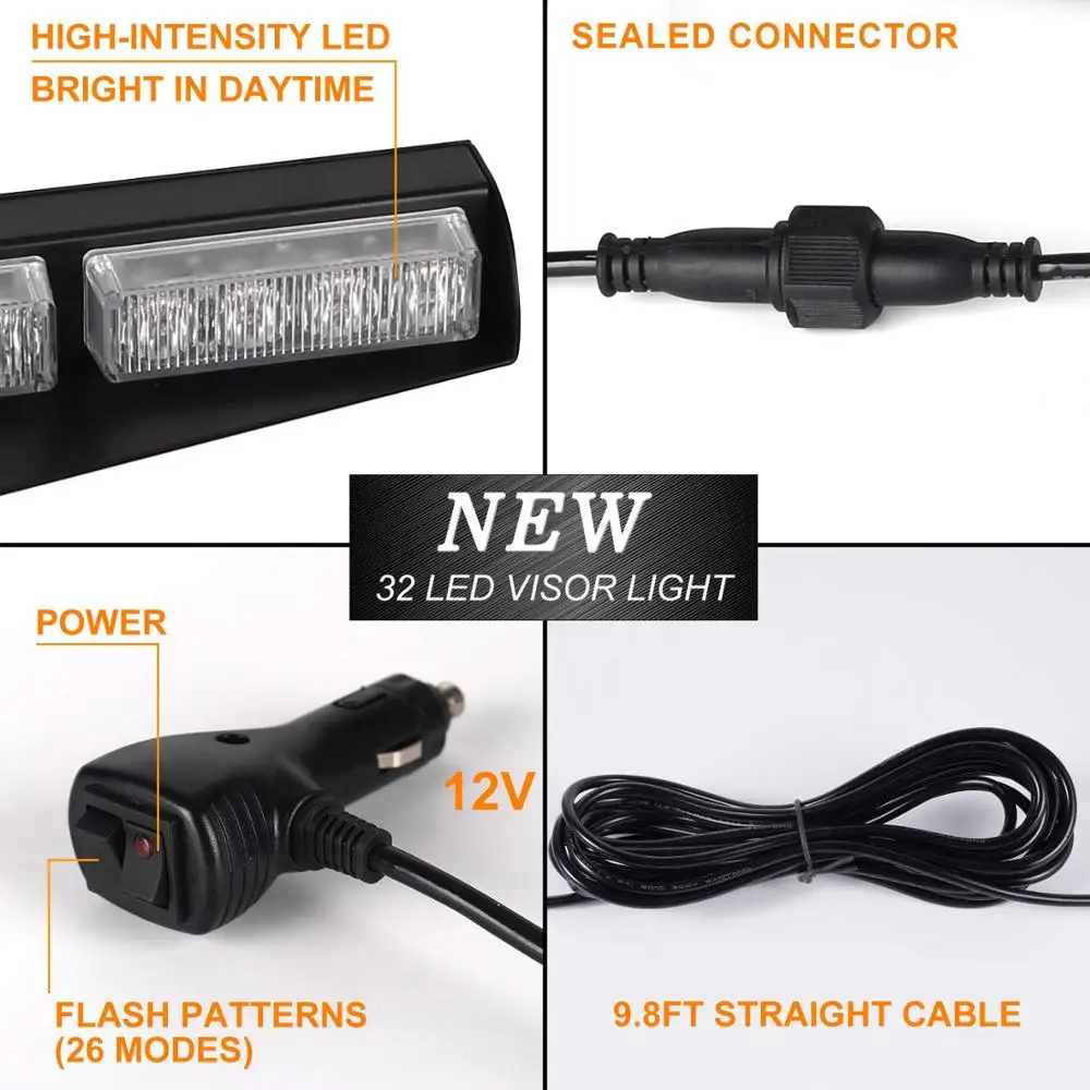 High Power Truck Emergency Beacon Light Bar Hazard Strobe Warning Split Visor 32 Watt 32 LED Red Blue Strobe LightBar Lamp