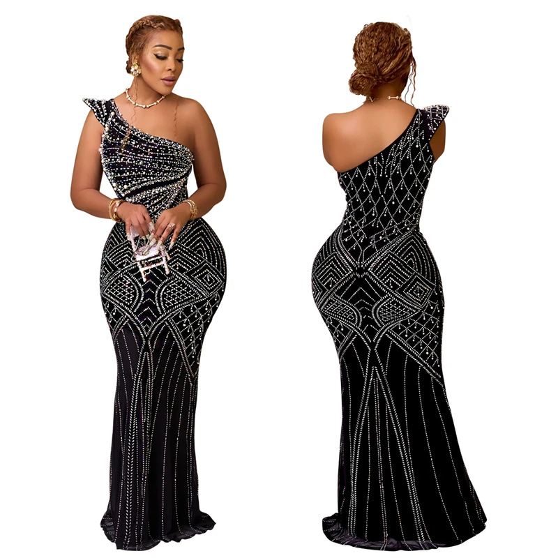 luxury pearls rhinestone beaded one shoulder sleeveless evening party dress 2024 floor length ball gown for women with pearls