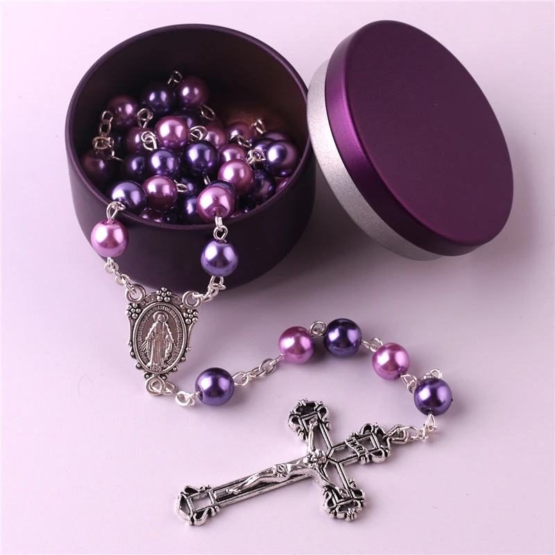 8mm Pink and Purple Glass Pearl Beads Catholic Rosary with Gift Box Factory Custom Religious Items Jewelry Necklaces