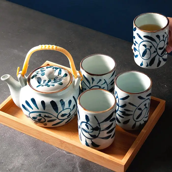 Japanese Blue and White Retro China Ceramic Beam Pot Tea Set