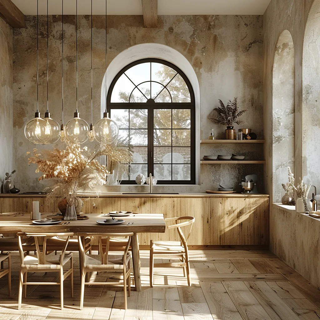 AI креативная концепция Nordic count Kitchen Space деревянная мебель и каменное искусство архитектурные бежевые тона услуги 3D рендеринга