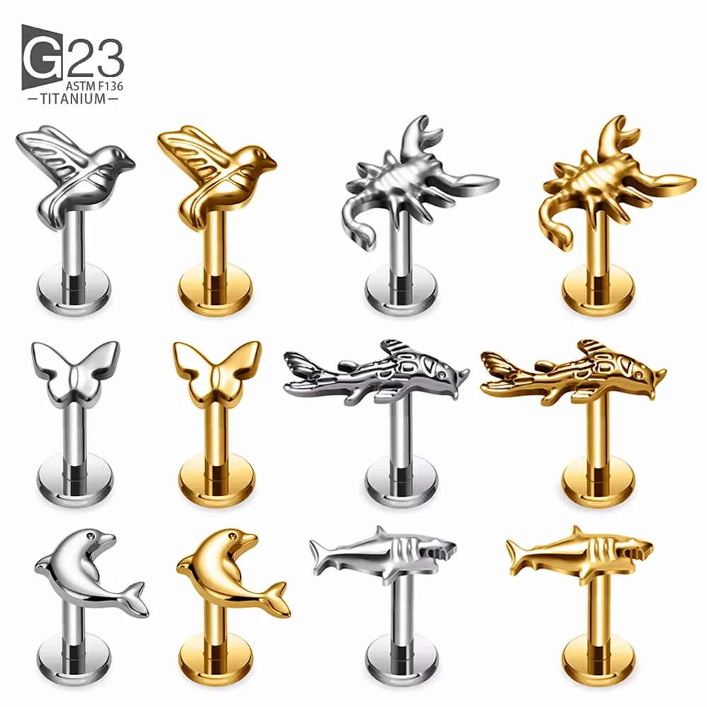 G23 Titanium Koi Fish Scorpion Bird Cartilage Earring Tiny Tragus Stud Helix Conch Flatback Piercing 16G Animal Body Jewelry