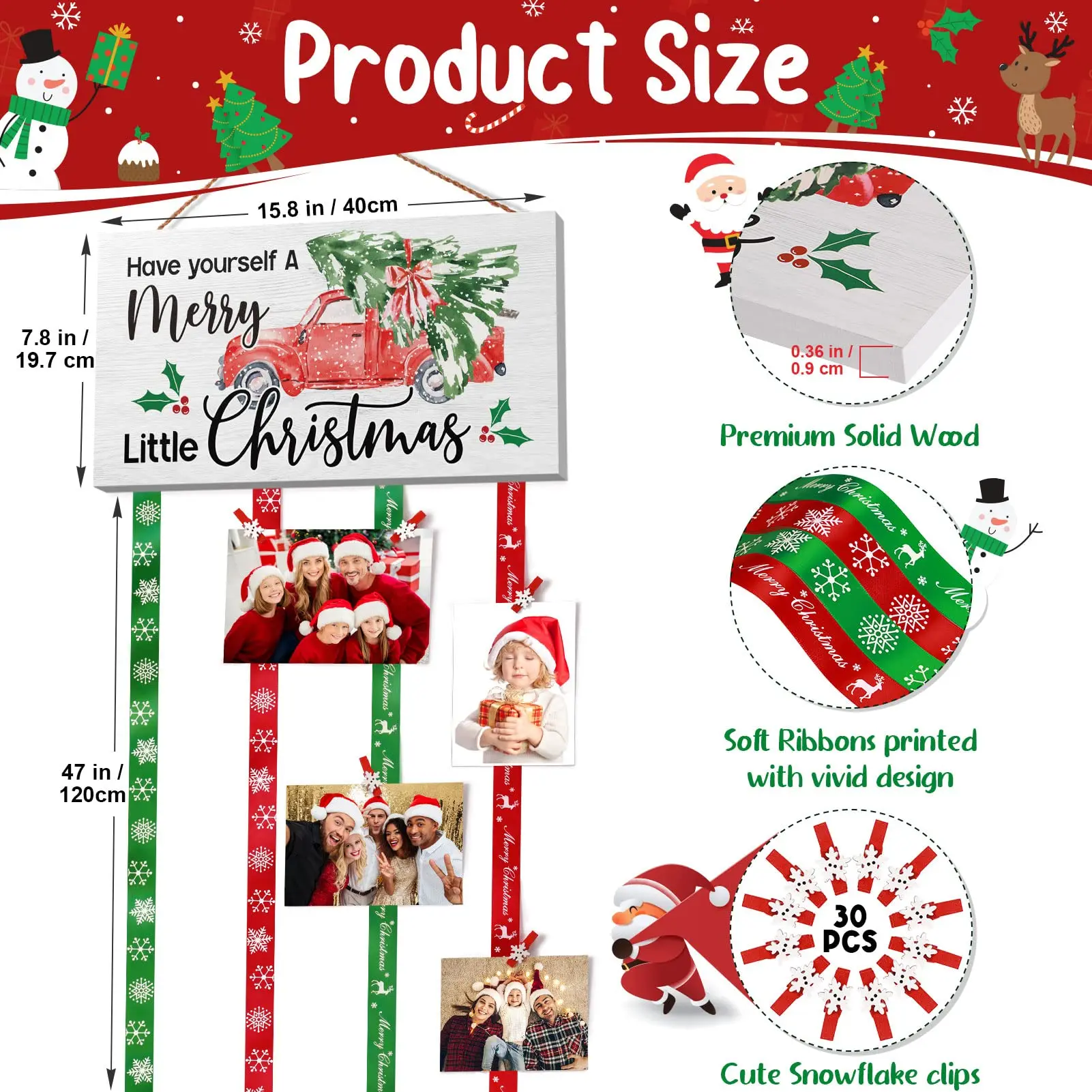 Christmas Card Holder Farmhouse Merry Christmas Sign Card Display Hanging Wood Sign Decor With 30 Photo Clips Photo Holder