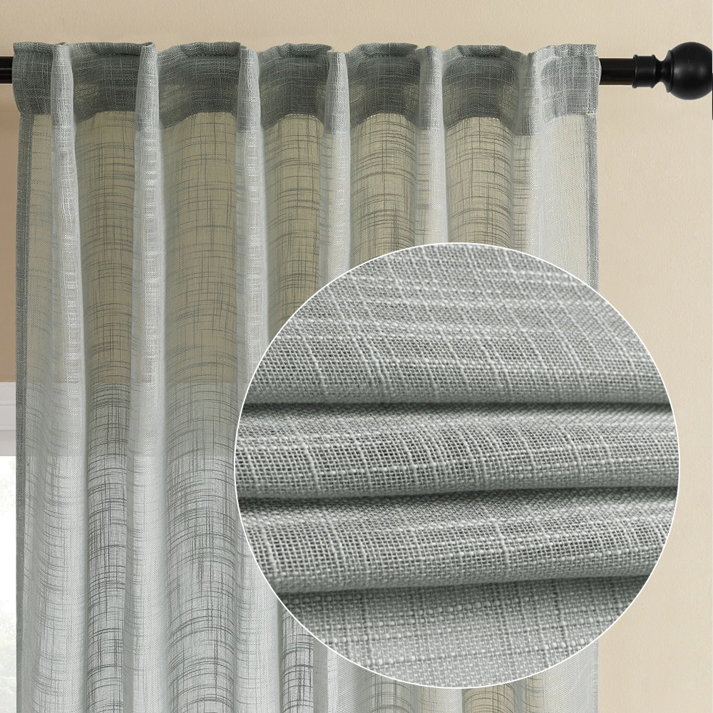 Cotton Linen Feeling Semi Sheer Top Grommet Gauze Sheer Voile Curtains for The Living Room Bedroom