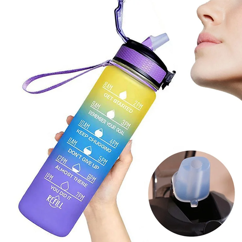 BPA Free 1L 1 Liter Plastic Large Capacity Tritan Gym Sport Motivational Water Bottle with Straw and Time Marker