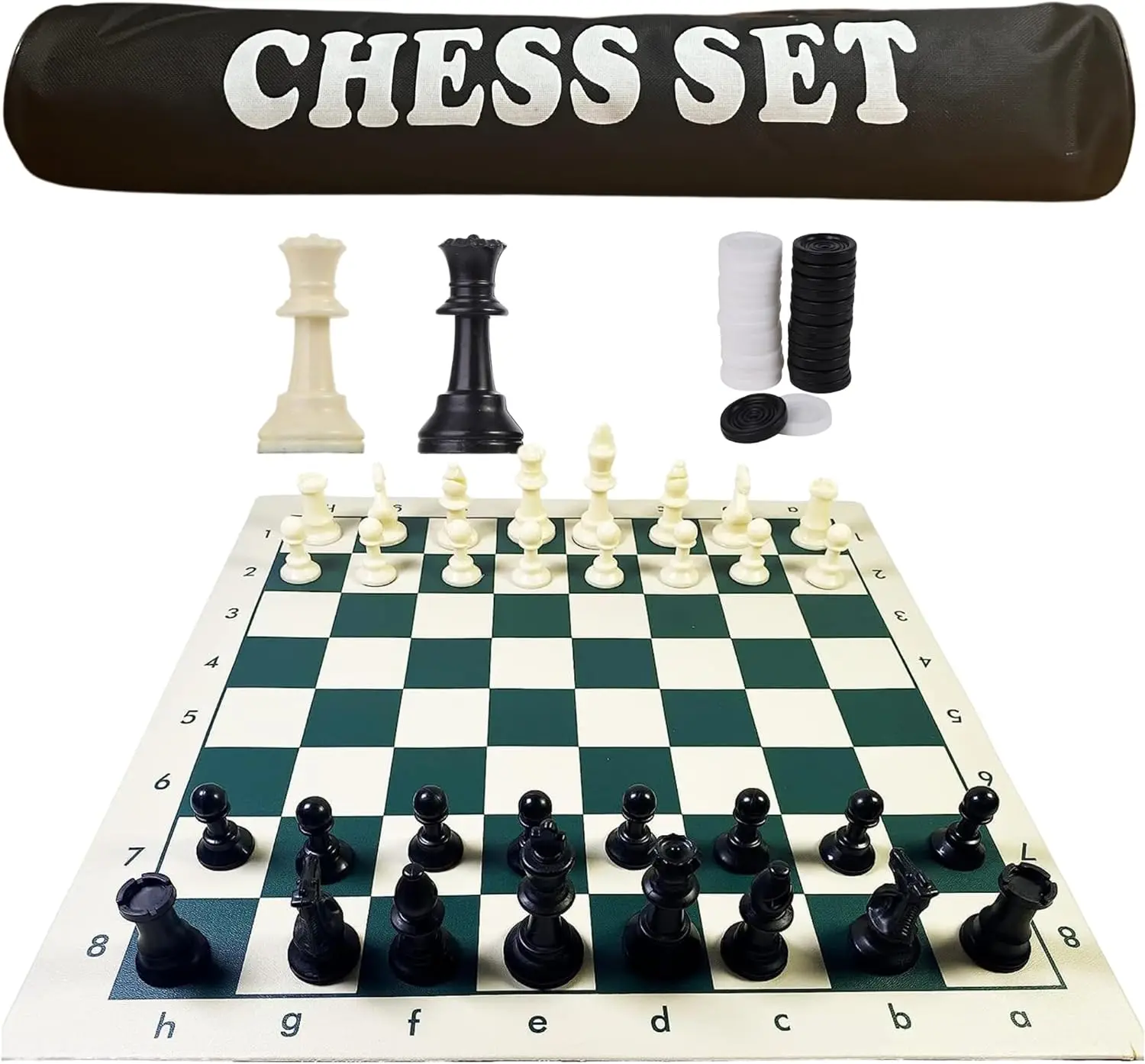 CHRT Plastic Chess Pieces Tournament Chess Set Portable Chess & Checkers Set with Carrying Bag