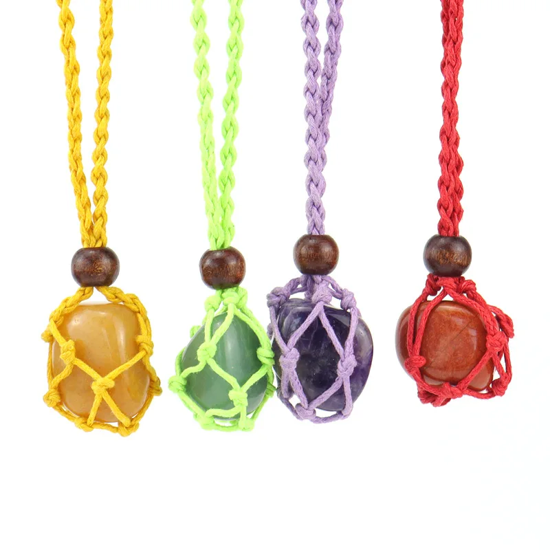 Adjustable Necklace Cord Empty Stone Holder Wax Rope Necklace Natural Quartz Crystal Chakra Healing Stone Net Bag Pendant
