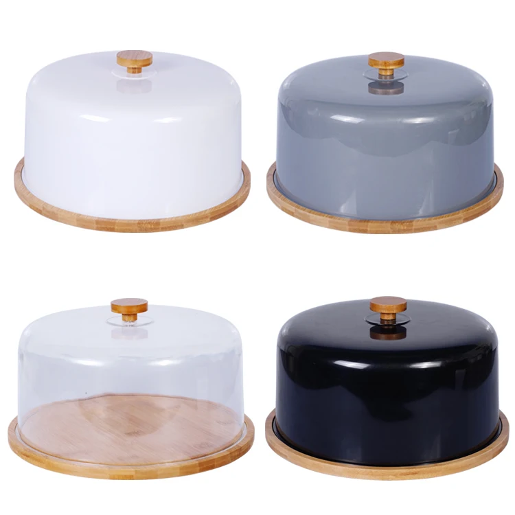 Decorative Bamboo Clear Cake Stand Cupcakes Server with Plastic Dome Cover
