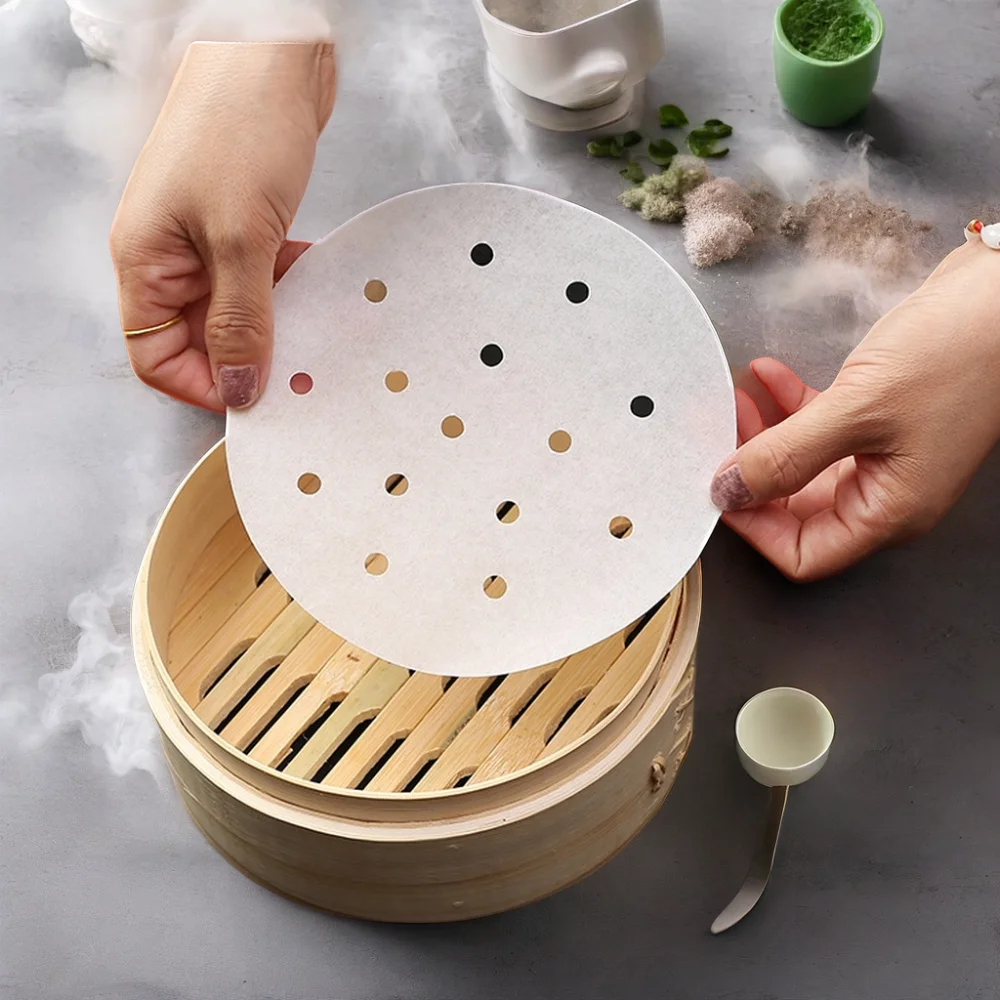 Disposable Air Fryer Paper Double-Sided Non-Stick Silicone Oil Steamer Paper with Holes Circular Steamer Plate Home Kitchen Use