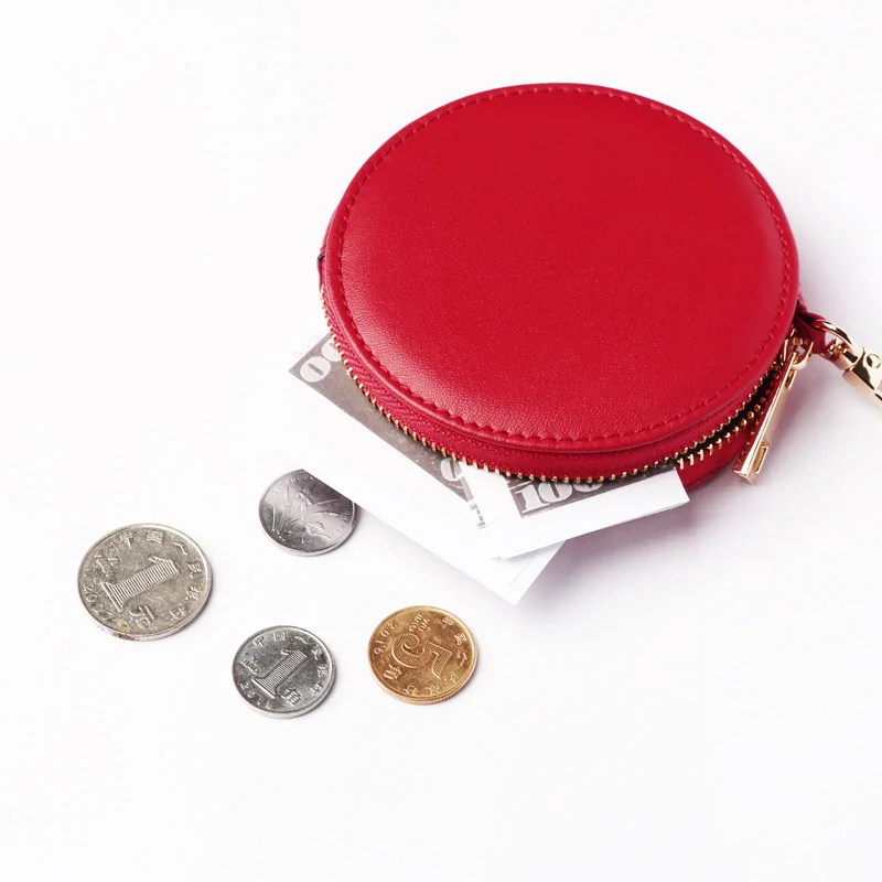 Small And Simple Deign Leather Change Red Wallet Change Holder With Metal Puller And Smooth Zipper