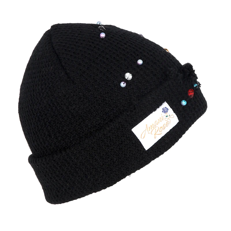 Distressed Style  Silky Satin Lining Inside Knit Winter Hat Rhinestone Beanie with Custom Logo Woven Label Patch