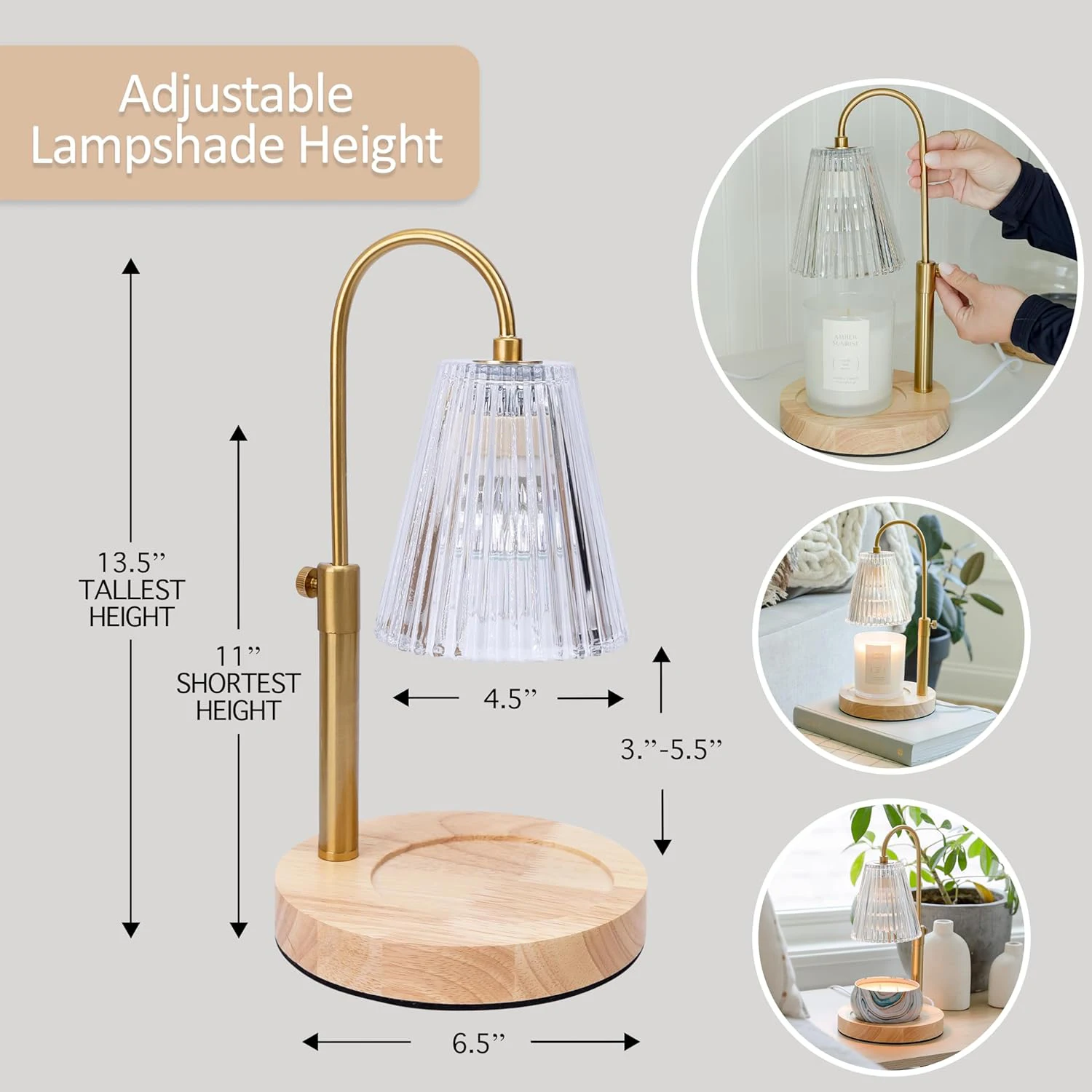 Glass Flameless Candle Warmer Electric Lamp Round Wood Home Decor Table Lamp Candles& Home fragrance Burner Adjustable Height