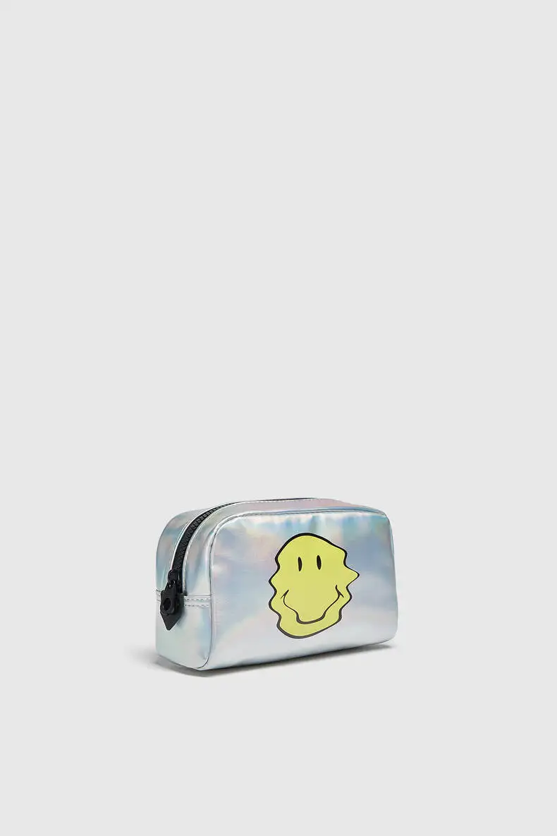 Custom travel Zipper Pouch Personalized Fashion Cosmetic Bag Make up bag with Smile  Iridescence PU For Women