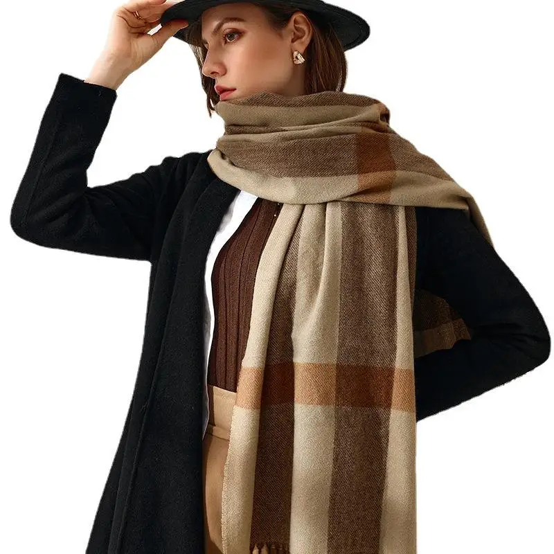 Модная осенне-зимняя теплая уютная шаль в крупную клетку, шарф с кисточками в крупную клетку для женщин