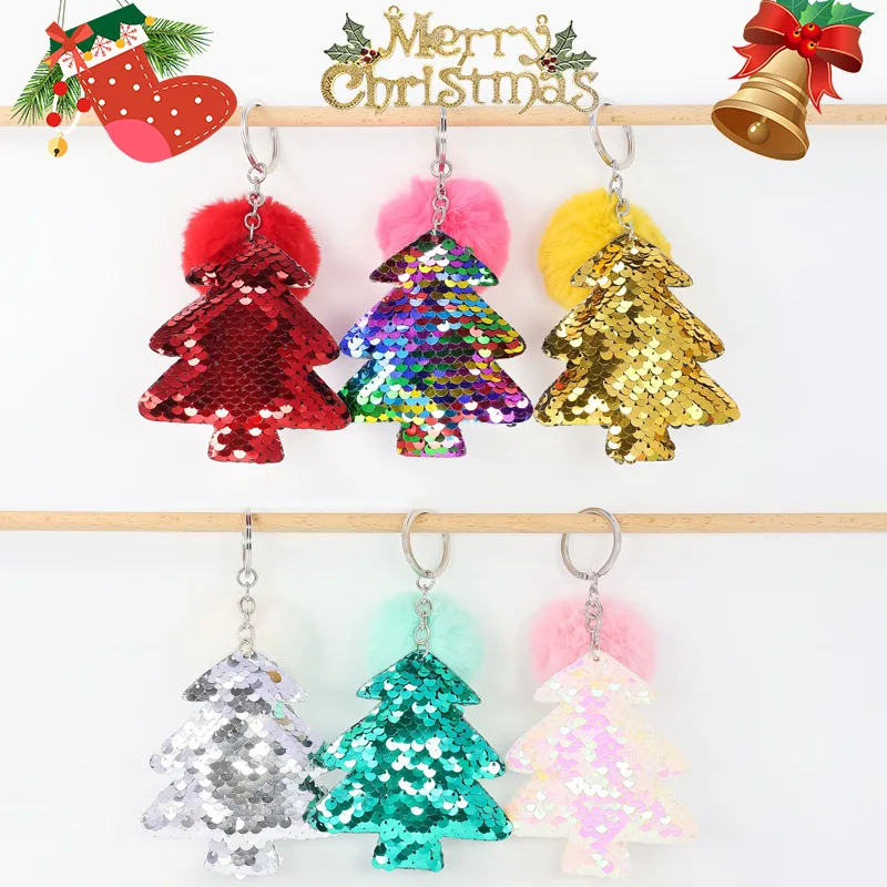 Hot Selling Christmas Gift 5cm Imitation Rex Rabbit Fur Ball Pendant Color Sequin Christmas Tree Keychain Pendant