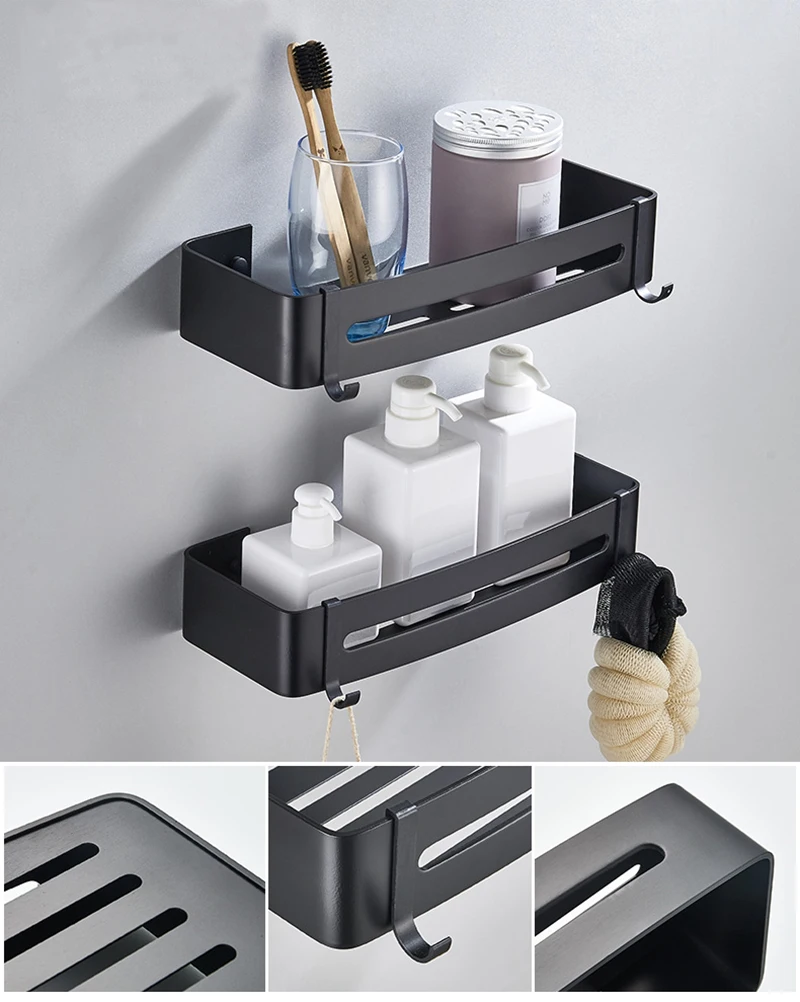 Self Adhesive Wall Mount Shower Corner Shelf with Hooks Bathroom Shower Caddy