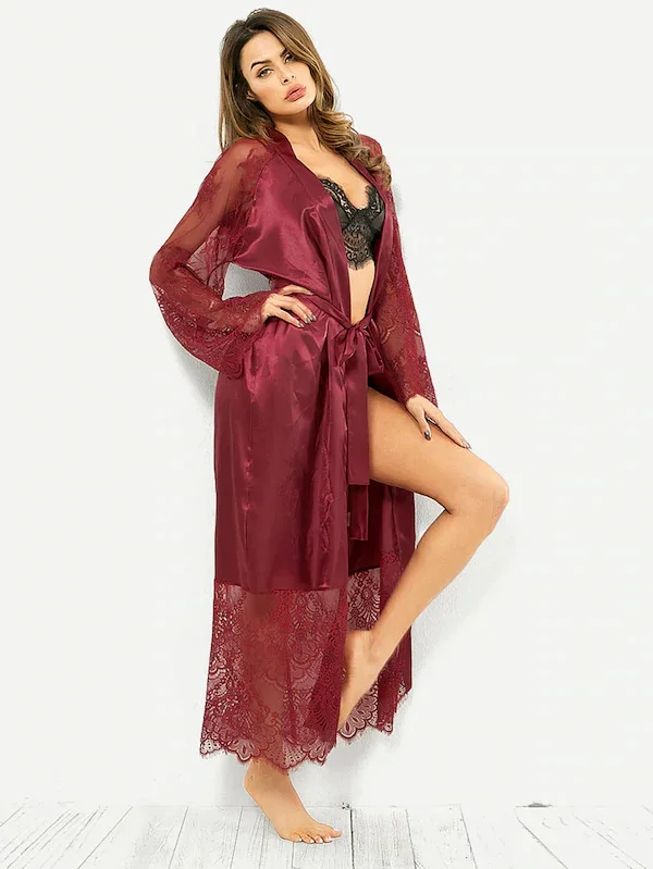 Satin Big Size Lace Bathrobe Pyjamas Women Sexy Sleepwear With Belt