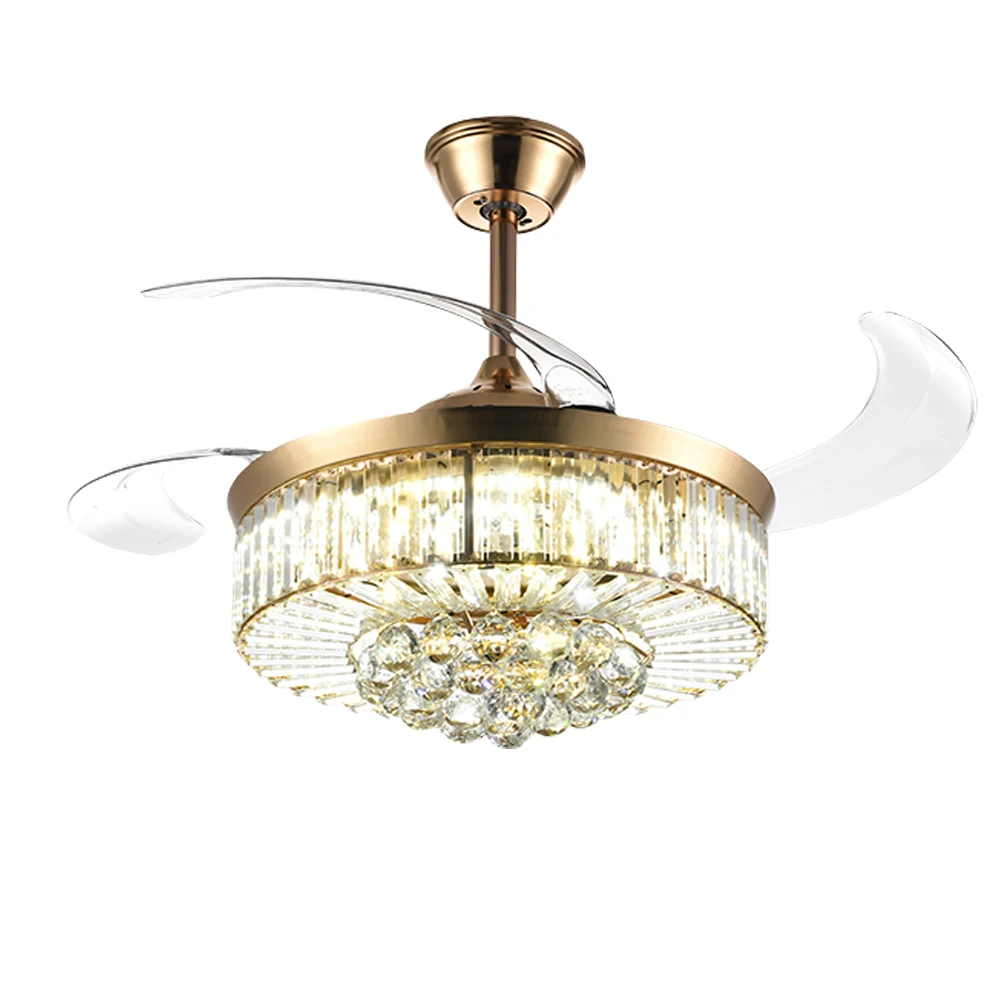 Chandelier Golden 42inch  Brushed Luxurious Walnut Public Retractable Modern Crystal Medium Luxury Ceiling Fan