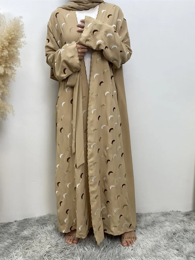 Bicomfort Ramadan New Crepe 2 Pieces Abaya Set Gold Border Pretty Moon Embroidery With Pockets Women Cardigan With Hijab 4 Color