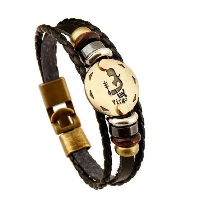 
Real Factory 12 Zodiac Cheap Personalized Vintage Punk Man Peace Truth Leather Zodiac Leather Bracelet Men 