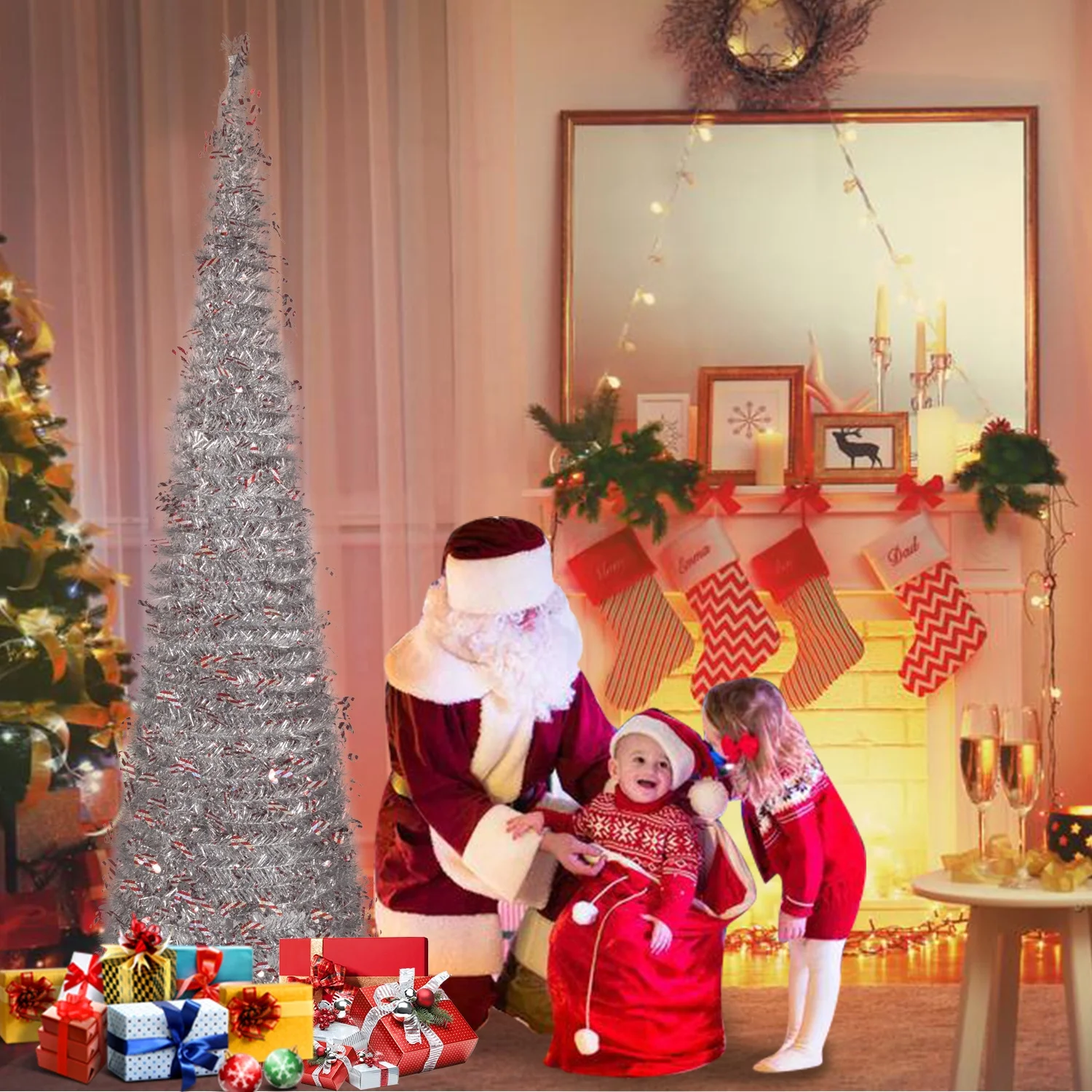 1.8M 6FT White Color Snowflakes Christmas Tree Assembly POP-UP Collapsible Artificial Tinsel for Home Store Xmas Tree Decoration