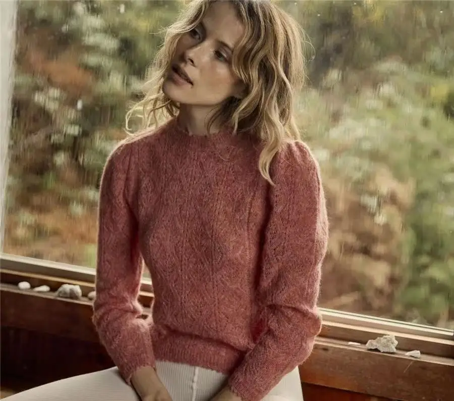 American Girl Sweater Wool Blended Hollow Bubble Sleeves Twisted Flower crochet Knitted Sweater for Sweet Girl