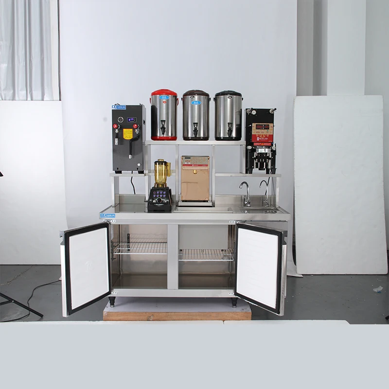 Customized All Set Bubble Tea Equipment Working Table Oem Stainless Steel Bubble Tea Refrigerate Counter Bar For Milk Tea Shop