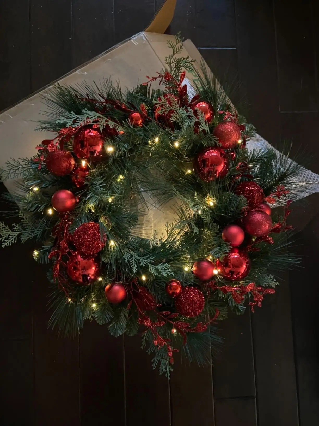 Artificial Pre-lit Christmas Wreath Decorative Collection Flocked with Mixed Decorations and LED Lights