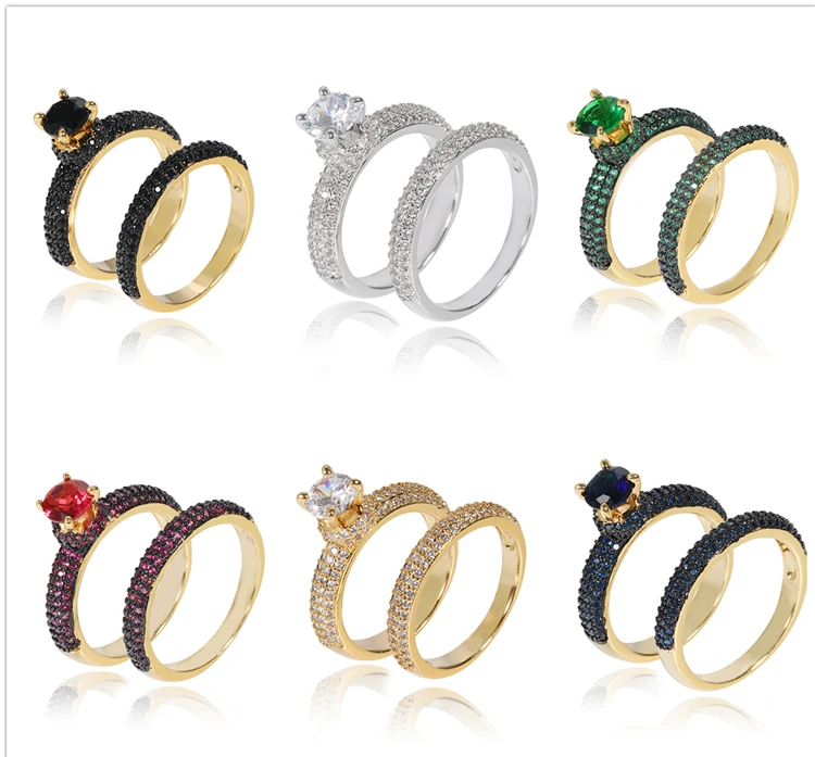 
Double Ring sets 18k 20k Gold plated wedding ring set Black stone cz crystal zirconia ring for girls women 