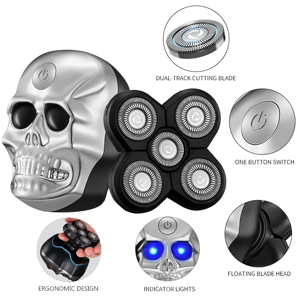 6 In 1 Portable USB Rechargeable 5 Heads Shaver Waterproof grooming kit Shaver skull shaver