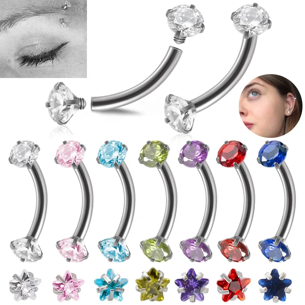 Surgical Steel Eyebrow Barbell Piercing Curved Star Cubic Zirconia Labret Lip Daith Helix Rook Earring  Wholesale