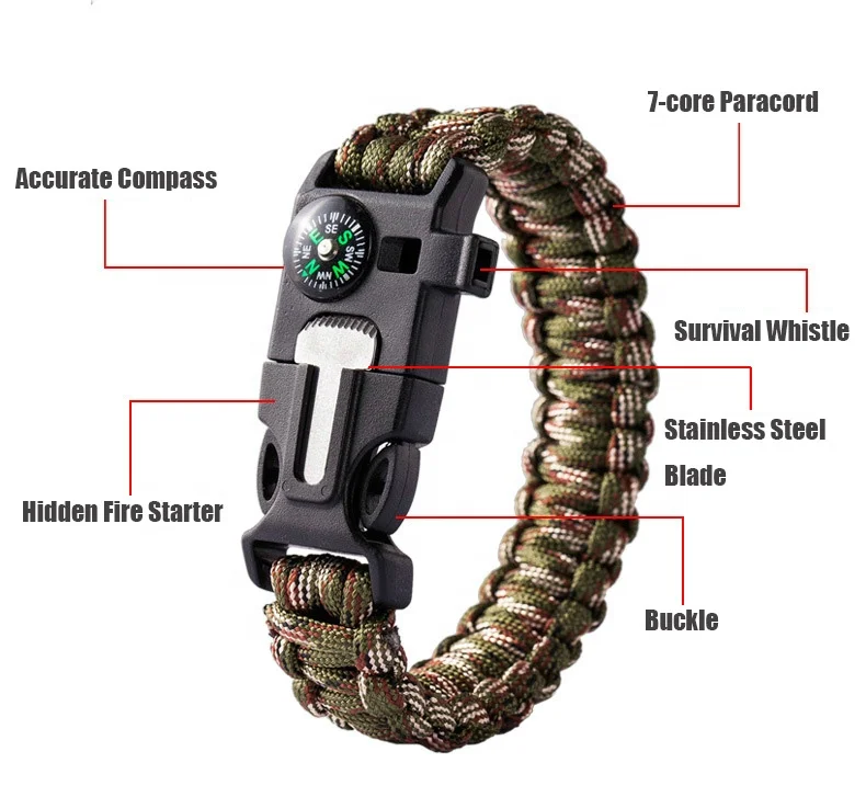 5 IN 1 Parachute Cord Camping Hand Band Flint Knife Compass Tactical Survival Fire Starter Survival Paracord woven Bracelet